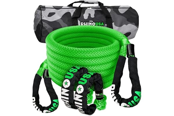 Rhino USA Kit de Récupération de Corde Cinétique 13,000 kg - 2.2 cm x 9 m - Sangle Remorquage Voiture Tout-Terrain avec 2 Manille Treuil 4x4 pour UTV ATV LKW Tracteur Camion Quad - Vert