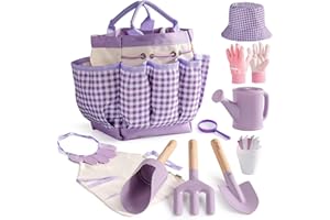 ROBUD Kids Gardening Set, 18 PCS Children’s Gardening Set with Kids Watering Can, Apron, Garden Fork & Shovel, Cylinder Scoop, Gardening Gloves & Tote Bag, Outdoor Garden Toys for Toddler, Purple