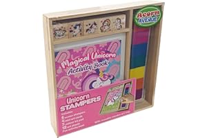 Bookoli - Wooden Unicorn Stampers Set - Acorn Avenue - With Magical Unicorn Activity Book - 5 Wooden Stamps + 7 Ink Pads - Gifts for Girls 3 Years and Up - Arts and Crafts Activities - Screen Free Fun