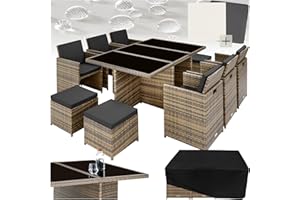 TecTake® Salon de Jardin Exterieur en Résine Tressée Poly Rotin Salon de Jardin Table 10 Personnes Fauteuil Exterieur Encastrable Aluminium, 2 Sets de Housses + Housse de Protection – Marron Naturel