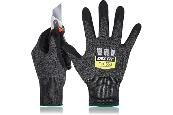 DEX FIT Cru553 Gants Anti-Coupure Niveau 5, Power Grip Antidérapant, Confort 3D comme à Mains Nues, Fins & Légers, Respirants, Compatibles Écran Tactile, Lavables; Noir Gris 8 (M) 1 Paire