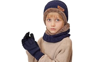 MAZELIKEHOOD Bonnet Gants Écharpe Garçon 3 Pièces Ensemble Chaud Hiver pour Enfants Trico Doux Accessoires Nécessaire Sport Extérieur