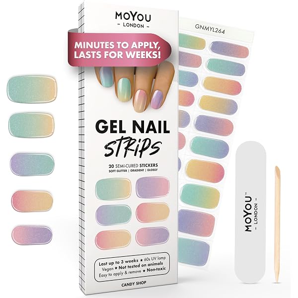 MOYOU LONDON Halbgehärtete Gel-Nagelstreifen – 20 Stück, Salonqualität – Für UV-Lampe – Design: Lunar Luxury