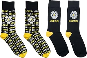 BEYOND HAPPY 2 Pairs Leeds Football Fans Cotton Rich Socks UK 7-11 – Yorkshire Rose Design – Soft, Durable & Comfortable Leeds Socks - Two Pair Set