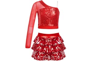 Alvivi Dziewczęca sukienka do tańca, latynoska, cekiny, jazz, nowoczesny kostium do tańca, na jedno ramię, koszulka z długim rękawem, top ze spódnicą, szortami, do sali