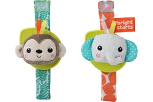 Bright Starts 12092 skallra och bitring armband apa och elefant, bärbar på hand- eller fotled, BPA-fri, flerfärgad