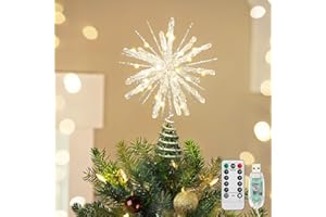 Luxspire Punta de Árbol de Navidad, Estrella Iluminada con Control Remoto USB, 10" Luces Decorativas de Metal Transparente, Luces Vintage Modernas para el Hogar Fiestas Navideñas, Echinoid Star-Silver