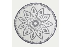 HOMESCAPES Vit och grå utomhusmatta för trädgård eller uteplats, 100 % återvunnen plast, 180 cm, rund, lätt, vattentät, henna, design, trädgårdsmatta "Henna" vävd golvmatta för inomhus- och