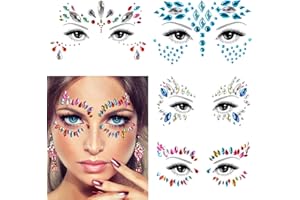 ‎VEUWOLM 4 Stück Strasssteine Gesicht Temporäre Tattoos Schmucksteine Selbstklebend Glitzersteine Gesichtstattoo Face Sticker für Festival Karneval Schminke, Parties,Make-up,Cosplay