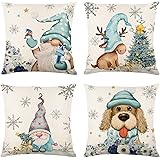 4 Pezzi Cuscini Natalizi per Letto, Federe Cuscino Divano 45x45cm Natale, Federa di Natale Beige, Decorazioni Natalizie Lino,