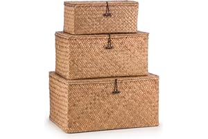 Woodluv Set of 3 Seagrass Storage Box with Lid, Lightweight Woven Basket for Shelves, Lidded Organiser Hamper Baskets, Brown