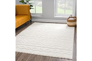 payé Teppich Wohnzimmer Hochflor - 140x200cm - Einfarbig - Pastell Creme - Boho - Modern Raute Ornamente - Skandinavisch Flauschig Weich - Schlafzimmer