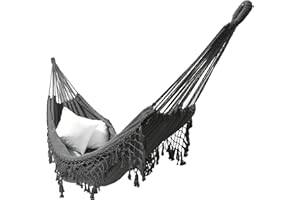 CLARA SHADE SAILS Clara Canvas Hammock Brazilian Tassels with Fringe Crochet Cotton Linen Double EXTRA-LARGE Outdoor Indoor Garden (Grey)