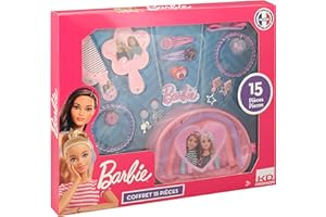 KD FASHION Barbie - Coffret 15 pièces Bijoux et Accessoires de Coiffure Enfant dès 3 Ans - Trousse de Rangement, Boucles d'oreilles, Bracelets, Bague, Collier, Miroir, élastiques, Barrettes et Peigne à Cheveux