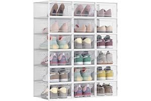 SONGMICS Shoe Boxes, Pack of 18 Stackable Shoe Storage Organisers, Foldable and Versatile for Sneakers, Fit up to UK Size 9.5, Transparent and White LSP18SWT