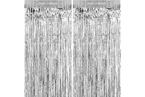 Jonami Decoration Nouvel an 2026, 2 Rideau Métallique Tinsel Argent, Rideaux à Franges en Aluminium, Toile de Fond pour Photos de Fête, Decoration Anniversaire