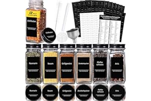BATHOLA Gewürzgläser Eckig, Set von 12, 120ml Gewürzdosen, Gewürzbehälter mit 512 Schwarzem Etikett, Gewürzgläser mit Zubehör, Schwarzer Deckel Gewürze Aufbewahrung