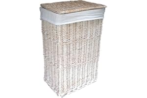 Arthur Cameron - Panier à linge rectangulaire en osier avec couvercle et doublure amovible et lavable en coton - Panier à linge, bac à linge, panier à laver avec couvercle (Grand, Blanc lavé)