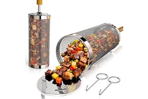 COOKWISE Rolling Grill Basket, 2 PCS, Upgraded 304 Stainless Steel, Nesting Grilling Net, Removable Wooden Handle, BBQ Accessories Tools for Veg, Prawns & Meat, Camping, Outdoor Cooking, Gifts for Dad or Men