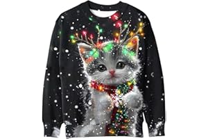 JIANGML Womens Christmas Jumper Cute Cat 3D Printed Pullover, Ladies Straight Shoulder Sweatshirt Xmas Funny Blouse Round Neck Shirt Christmas Novelty Tops Happy Holidays Clothing Winter Comfy Loose Jumpers