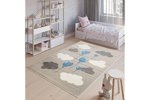 TAPISO Fiesta Tappeto Bambini Camera Bambina Cameretta Bimba Bimbi Moderno Grigo Fumo Blu Nuvole Pelo Corto 80 x 150 cm