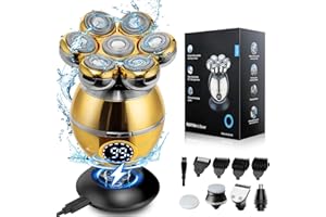 CARPOWER Head Shavers for Men, 7D Electric Head Shaver for Bald Men, 6-in-1 Wet & Dry Rotary Head Razor for Face & Head with Dispaly, Men's Grooming Kit with Beard/Nose Trimmer, Brush (Gold)