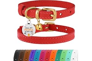 BRONZEDOG Collar de cuero para gato con campanas, etiqueta QR para gatito no separable para niña y niño (rojo y dorado, 23-28 cm)