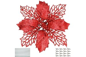 DWTECH 16 Pack Christmas Poinsettia Flowers with 16 Peduncles & 16 Clips,16cm/6.3’’ Artificial Flowers Glitter Poinsettia Christmas Wreath Christmas Tree Ornaments for Christmas Decorations(Red)