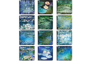 Berkin Arts 12Pcs Cute Square Crystal Glass Strong Magnetic Refrigerator Magnet Fridge Sticker Cloisonnism Green Flower Floral Water Lilies Claude Monet Series