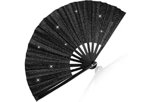GREVOSEA 2 Pcs Folding Hand Fan, Glitter Large Bamboo Folding Clack Hand Fan Nylon-Cloth Vintage Retro Fabric Fans for Women/Men Wedding Party Favor Performance Dance Home Decorations Festival Gift 25"(1 Pc)