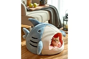 Sedefen Niche Chat Intérieur 53x50x36 cm avec Coussin Amovible Lavable Rembourré Maison Dôme Bleu pour Chat Petit Chien Nid de Chat en Peluche en Forme de Requin Doux Confortable