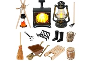 FTJKGH Miniature Gnome Accessories Garden, Dollhouse Decoration with Fireplace, Fire Pit, Haystack, Trolley, Broom, Miniature Garden Ornament, Garden Furniture & Garden Tools Mini Set