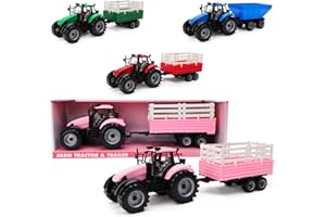 Toyland® Tractor agrícola con fricción Rosa y Remolque - Boys Farm Toys