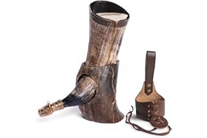 Norse Tradesman Corne à Boire Viking en Bœuf Véritable avec Support et Ornements De Loup en Laiton | The Jarl, Non-Poli, 30 cm | Sac Cadeau en Toile De Jute Inclus