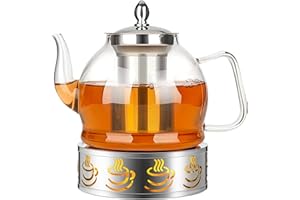 HEMOLY 1200ML Teekanne mit Stövchen aus Glas mit Siebeinsatz für Losen Tee & Teebeutel (1,2L)