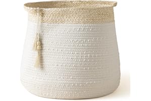 La Jolíe Muse Panier Rangement Blanc avec Bordure Tissée en Gazon Bio Naturel 36 x 38 cm Maison Décoration Organisateur