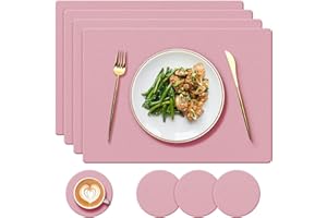 YUNJUER 4 Silicone Placemats + 4 Washable Coasters, Heat-Resistant 450 °F, Non-slip Waterproof Wipeable Place Mats for Restaurant, Indoor Kitchen, Outdoor Dining Table, 8 Pieces, Pink