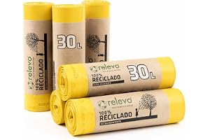 Relevo gula påsar – 90 stycken soppåsar 25 l till 30 l med dragband, hållbart av återvunnen plast, anti-läckagesystem, gula soppåsar, lämpliga för soppåsställ 38–48 cm hög