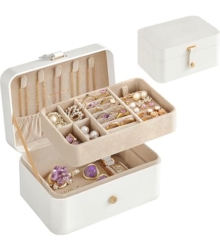 Boîte à Bijoux De Voyage 2 Niveaux En Cuir PU Blanc - Organisateur Avec Compartiments Pour Colliers, Bagues, Boucles D'oreilles - Idéal Cadeau