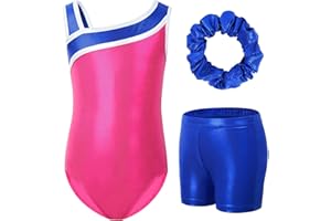 Gogokids Girls' Three-Piece Gymnastics Set, Sleeveless Leotards with Shorts and Hairband, Sparkling Ballet Dancing Unitards - Gymnastics Outfit with Gradient Color Design for 3-12 Years