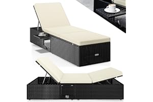 CASARIA® Polyrattan Sun Lounger with 7cm Thick Water Repellent Cushion Fold-Out Table | 7-Way Adjustable Backrest 200x58cm | Outdoor Patio Garden Pool Deck Chair | Black/Cream
