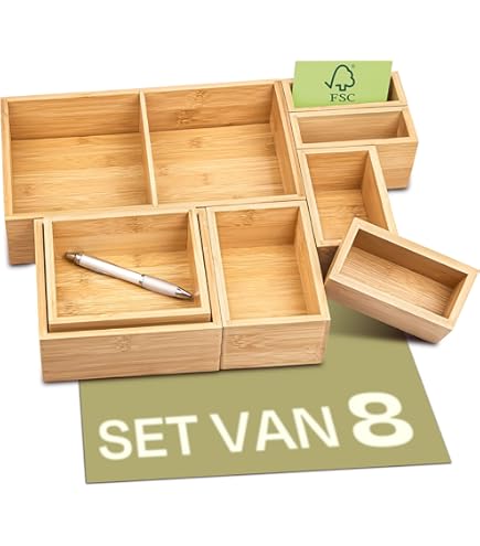 DBREAKS 6-delige set lade-organizer, opbergbox bamboe, organisatiesysteem houten lade stapelbaar, voor keuken, make-up, badkamer, kantoor (natuur