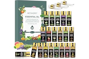 AESHORY Oli Essenziali per Diffusore, 20 x 5ml Set Regalo di Olio Essenziale Naturali per Aromaterapia, Massaggi, Candele - Gelsomino, Vaniglia, Sandalo, Arancio Dolce, Rosa, Geranio