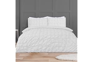 Sleepdown Rouched Pleat White Reversible Bedding Set and Pillowcases, Cotton Mix, Duvet