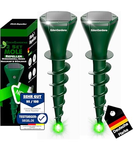 maulwurfvertreiber solar mit ton & vibration 4er Set Solar Maulwurfschreck – Ton & Vibration, Ultraschall, 400 Hz, Akku  1,2V / 600 MAh, Wühlmausabwehr Tauben Schreck