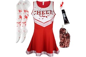 CHERRY-ON-TOP Cheerleader Costume Women Halloween Costumes for Women Cheerleader Halloween Costume Adult Zombie Cheerleader Halloween Costume for Women Dead Cheerleader Blood Tube, Stocking