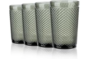Joeyan Set de 4 Copas Gris de Agua Vintage Grandes, 350ml Vasos de Agua Colorida Elegantes, Copas de Vidrio con Relieve Cristaleria para Bar Restaurante en Casa, Apto para Lavavajillas