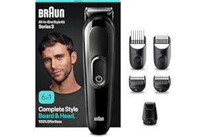 Braun Rasoio Elettrico Barba e Capelli, REGOLABARBA UOMO E Tagliacapelli Uomo, 6-In-1 Styling Kit Adatto Per barba, Capelli, 50 Minuti Di Utilizzo Senza Fili, Idea Regalo, MGK3420, Nero