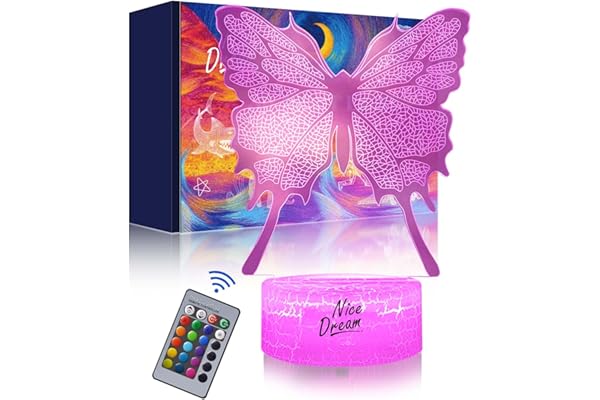 Nice Dream Luz Nocturna Para Niños, Lámpara De Ilusión 3d, Luz Led Para La Habitación, Mando a Distancia Con 16 Cambios De Color Regulables, Regalos De Decoración (06-Mariposa)