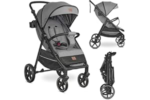 BRONEA® MAXIME 2.0 Kinderbuggy MIT LIEGEFUNKTION | Reisebuggy klappbar bis 22kg | Wendige Räder | Leichter Buggy | Mit abnehmbaren Verdeck | Großer Korb | Grau-Schwarz